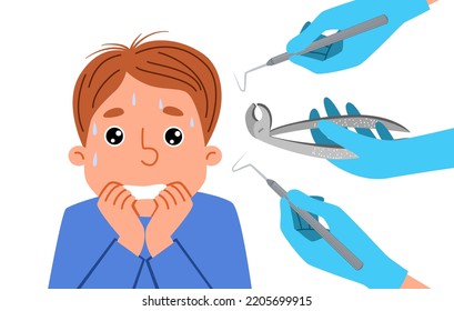 The boy is afraid of the dentist. A frightened patient is a child experiencing a panic attack in the office of a dental clinic.