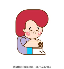 Boy is afraid. Little boy sits with his arms around his legs. Concept of childhood fear