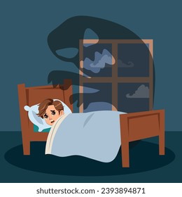boy afraid of sleeping alone, child afraid of the dark and ghosts. vector illustration