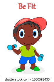 boy african american strengthens with dumbbells to be strong and healthy hand drawn vector illustration suitable for promoting children's sport