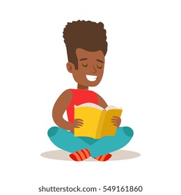 Boy With Afro Sitting With Legs Crossed On The Floor Who Loves To Read, Illustration With Kid Enjoying Reading An Open Book