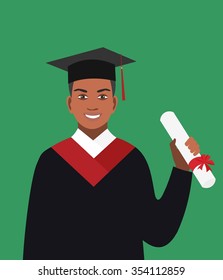 Boy afro-american  graduates in the mantle. Vector illustration in flat design.