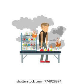 Boy after a failed chemical experiment, schoolgirl at chemistry lesson vector Illustration