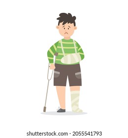 Boy after serious injury with broken limbs in gypsum, flat vector illustration isolated on white background. Wounded injured kid cartoon character standing with crutch.