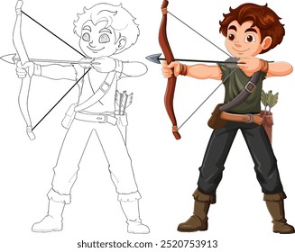 Boy aiming bow and arrow confidently