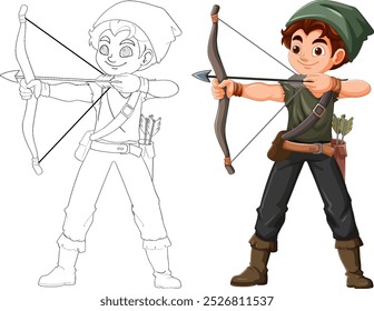 Boy aiming bow and arrow confidently