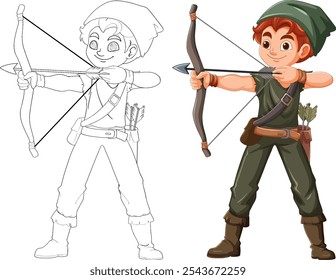 Boy aiming bow and arrow confidently