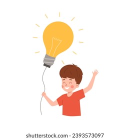 Boy with air balloon on a string in the shape of a light bulb, vector illustration on white background. Symbol new good idea. Design for children's projects and education. Drawn in flat cartoon style.