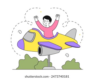 Boy with airplane style swings. Child resting on playground. Schoolboy spends time outdoors. Kid inside plane having fun and joy. Linear flat vector illustration isolated on white background