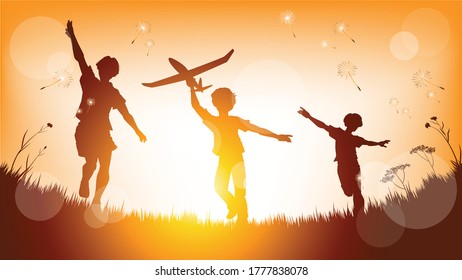 A boy with an airplane toy and friends runs through the meadow. Illustration, vector.