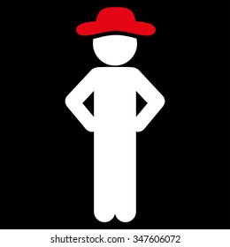 Boy Akimbo vector icon. Style is bicolor flat symbol, red and white colors, rounded angles, black background.