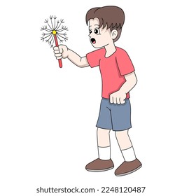 el chico estaba solo celebrando su cumpleaños con pequeños fuegos artificiales. ilustración de diseño vectorial