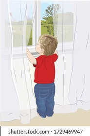 Boy, alone, looking out of a window into a park, that is empty of people except for one child flying a kite and one person sitting on a bench. Vector illustration.