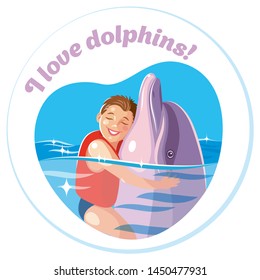A boy ambracing a dolphin in a water