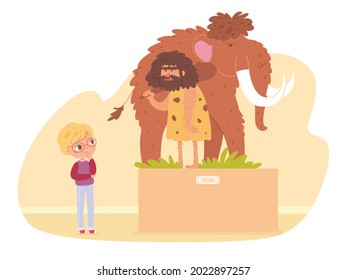 Boy in ancient history museum. Kid looking at mammoth and stickman in Stone Age exposition at exhibition vector illustration. School excursion scene, child on field trip.
