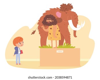 Boy in ancient history museum. Kid looking at mammoth and stickman in Stone Age exposition at exhibition vector illustration. School excursion scene, child on field trip.