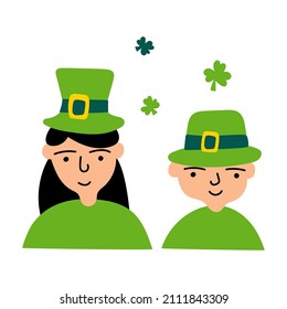 Boy ang girl wearing costumes for St. Patrick's party. Illustration on white background