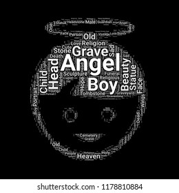 Boy angel head word cloud vector design creative concept. Boy angel head icon shape. Trendy vector word collection.