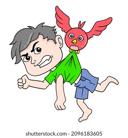 niño está molesto siendo levantado por pequeño pájaro, ilustración vectorial art. doodle imagen kawaii.