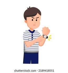 a boy with an angry expression points at his watch