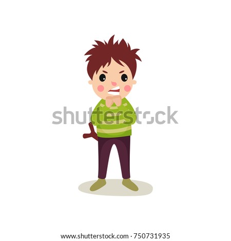 Boy with angry face standing with slingshot in back pocket