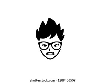 A boy with an angry face, wearing glasses and hair standing up logo