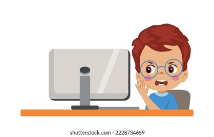 boy with angry facial expression at computer