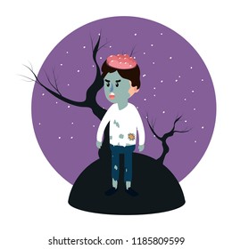 boy with angry zombie costume and trees