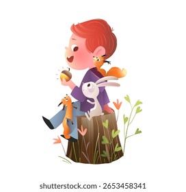 Menino e animais na floresta compartilhando nozes. Coelhinho, esquilo, pássaros e amiguinhos em uma cena de conto de fadas. Ilustração de vetor de desenhos animados de aventura selvagem de crianças e animais. Clip-art isolado.
