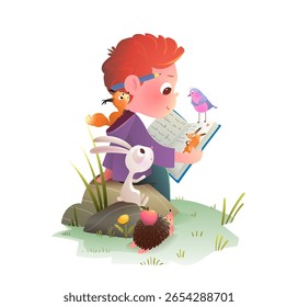 Amigos de meninos e animais lendo um livro juntos na floresta. Criança, coelho, esquilo e pássaro lendo um livro de conto de fadas no deserto. Crianças desenho animado vetor ilustração de crianças clipart aventura