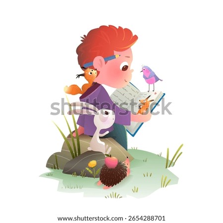 Boy and animals friends reading a book together in the forest. Child, bunny, squirrel and bird reading a fairytale book in wilderness. Kids cartoon vector illustration of children adventure clipart