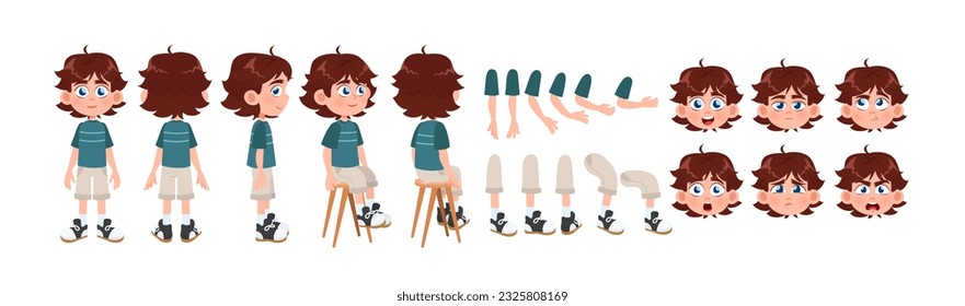 Niño para el conjunto de animación. Niño con diferentes partes del cuerpo y la cara, brazos, emociones, piernas, pose y ángulos. Carácter infantil para creación de avatares. Colección vectorial plana de dibujos animados aislada en fondo blanco