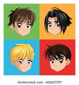 Boy anime male manga cartoon comic icon. Colorfull and frames illustration. Vector graphic