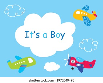 it is a boy annoucement card with cute airplane cartoon graphic vector illustration