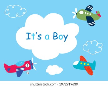 it is a boy annoucement card with cute airplane cartoon graphic vector illustration