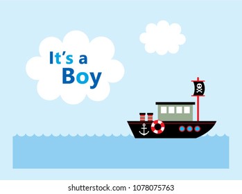 it is a boy announcement card with cute boat ship graphic vector