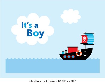 it is a boy announcement card with cute boat ship graphic vector