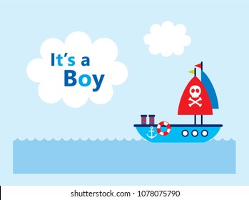it is a boy announcement card with cute boat ship graphic vector