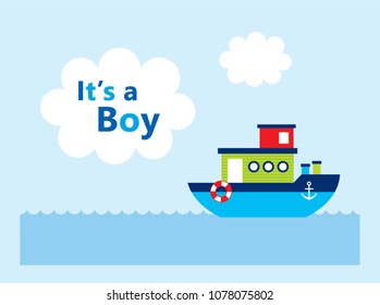 it is a boy announcement card with cute boat ship graphic vector