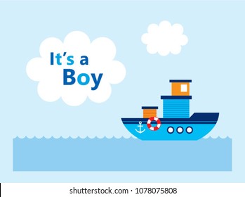 it is a boy announcement card with cute boat ship graphic vector