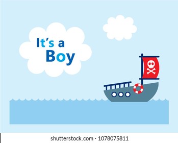 it is a boy announcement card with cute boat ship graphic vector
