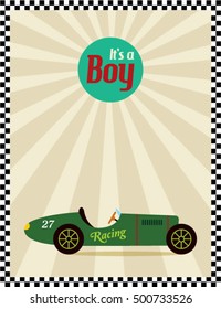 it is a boy announcement card with vintage racing car vector