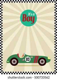 it is a boy announcement card with vintage racing car vector