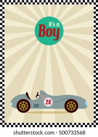 it is a boy announcement card with vintage racing car vector