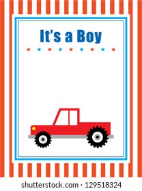 It is a boy announcement tag with truck picture