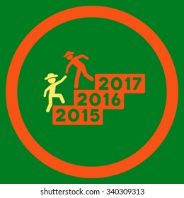 Boy Annual Help vector icon. Style is bicolor flat circled symbol, orange and yellow colors, rounded angles, green background.