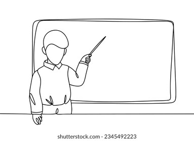 The boy answers at the blackboard. The child has a pointer in his hand. Education Freedom Day. One line drawing for different uses. Vector illustration.
