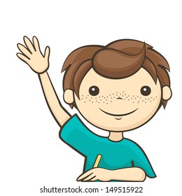 the boy answers the question, a student raised his hand