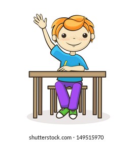 the boy answers the question, a student raised his hand, sitting at the table