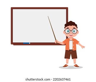 The boy answers, the schoolboy. School board. Vector illustration